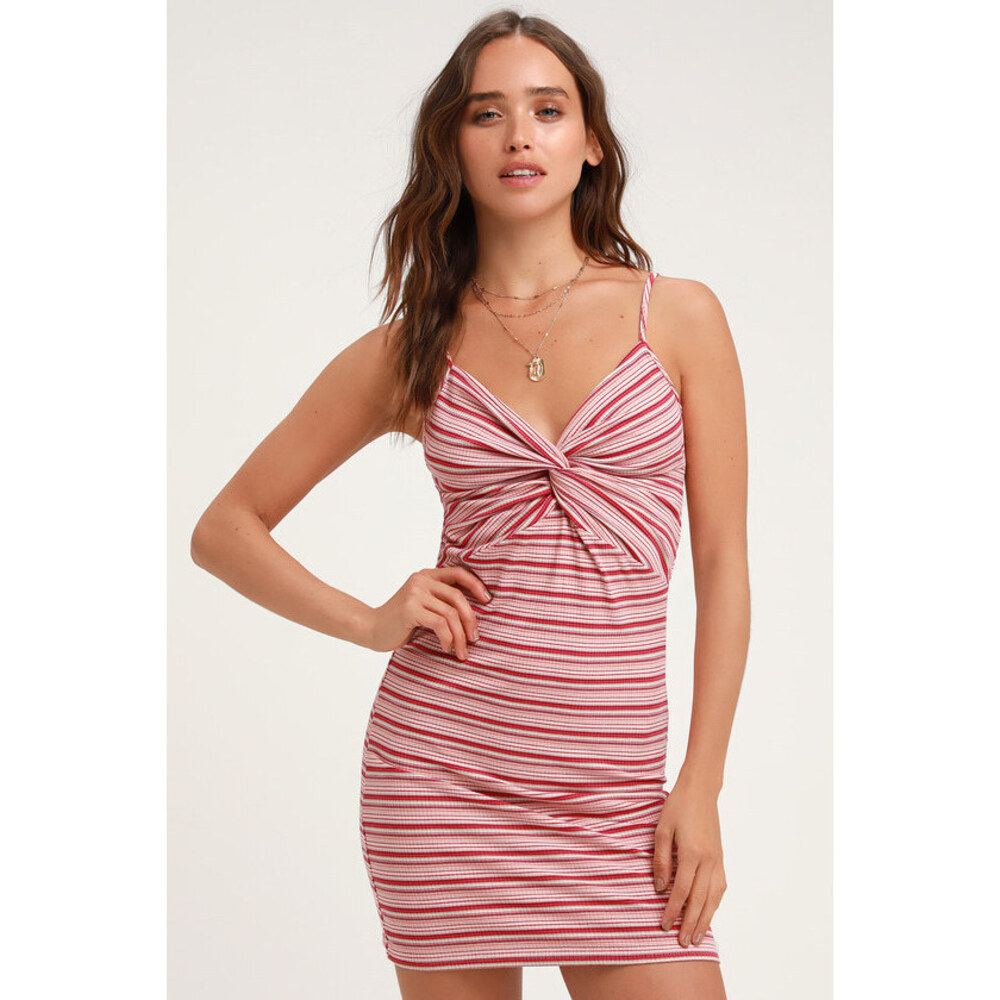 Lulus Sweet Moments Pink Multi Stripe Knot Front Bodycon Dress - Size M